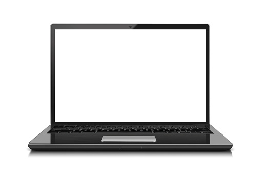 Black portable computer with clipping path. Front view. Clipping path for the laptop and screen. Very large depth of field.