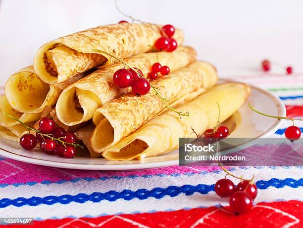 Stack Of Pancakes With Red Currant Stock Photo - Download Image Now - Baking, Breakfast, Crockery