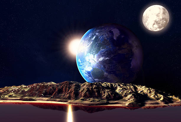 Alien Planet With Earth Moon And Mountains . 3D Rendered Computer Artwork. Elements of this image furnished by NASA