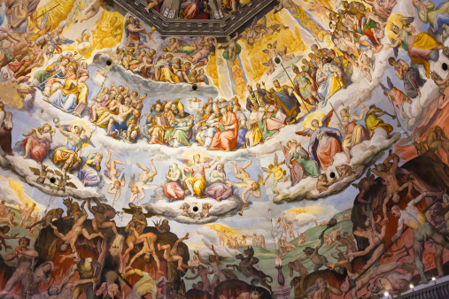 A view of the stunning frescoes inside de apse of the Duomo of Spoleto, a medieval town in the Umbria region, central Italy. The frescoes, depicting the Stories of the Virgin, were painted by Filippo Lippi between 1467 and 1469. The Duomo, or Cattedrale di Santa Maria Assunta (Cathedral of Assumption of the Blessed Virgin Mary), was built starting from 1067 in Romanesque and Lombard style and consecrated in 1198. Spoleto, one of the most visited medieval cities in Italy, hosts the Festival of the Two Worlds, a world-famous event that brings together hundreds of artists, musicians, classical dancers and opera singers every year. The Umbria region, considered the green lung of Italy for its wooded mountains, is characterized by a perfect integration between nature and the presence of man, in a context of environmental sustainability and healthy life. In addition to its immense artistic and historical heritage, Umbria is famous for its food and wine production and for the high quality of the olive oil produced in these lands. Super wide angle image in high definition format.