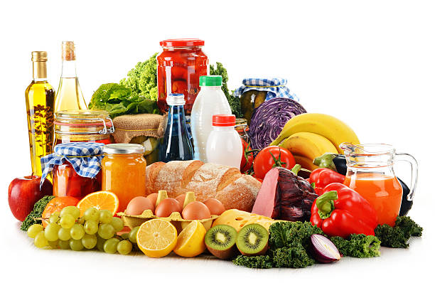 istock Composition with variety of grocery products isolated on white 465697465