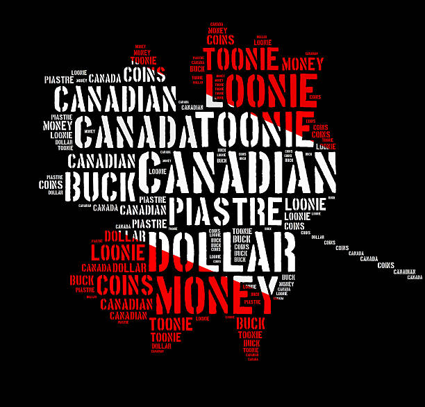 Canada monetary concept Canada monetary concept with word cloud with shape of maple leaf loonies and toonie stock pictures, royalty-free photos & images