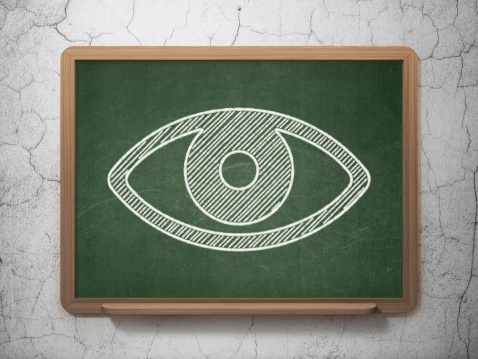 Protection concept: Eye icon on Green chalkboard on grunge wall background, 3d render
