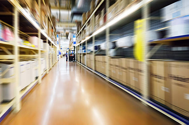 Warehouse interior image with shelves and motion blur stock photo