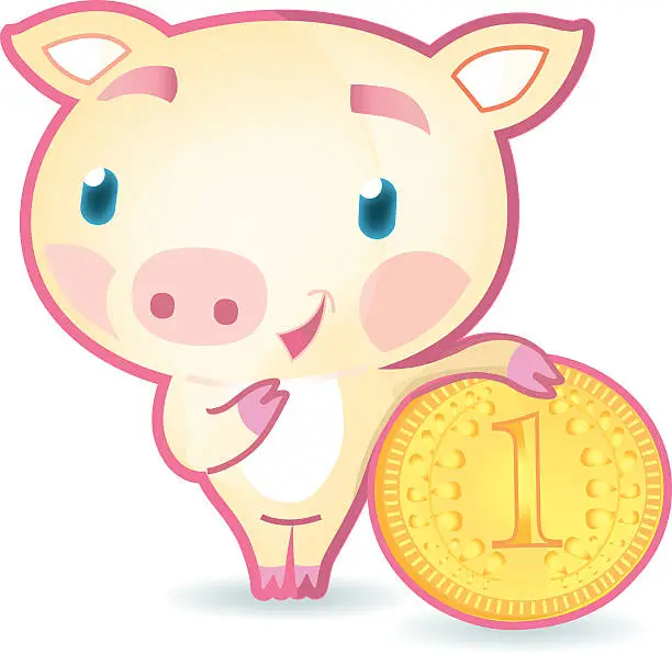 Vector illustration of cute smiling Pig with a coin.