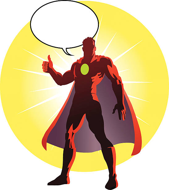 ilustrações de stock, clip art, desenhos animados e ícones de super-herói com polegares para cima gesto e discurso de pensamento em desenho animado - superhero cape confidence futuristic