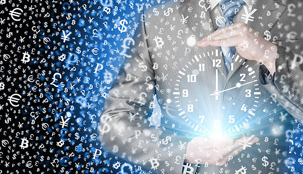 istock Image of businessman holding clock against illustration background 465710910