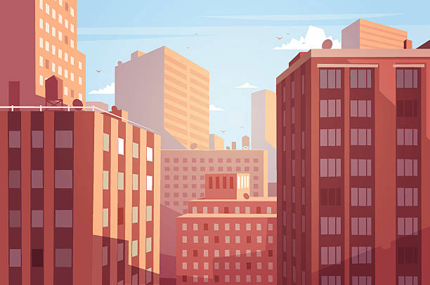 Sunset cityscape. Vector illustration. The tops of tall houses and skyscrapers in the sunlight. Vector illustration. looking at view illustrations stock illustrations