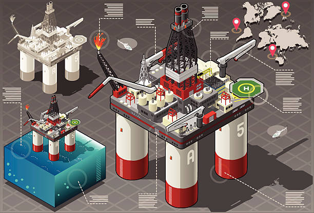 제품의 등각투영 인포그래픽 삭구를 장비하다 에너지 설정 - oil rig oil industry sea oil stock illustrations