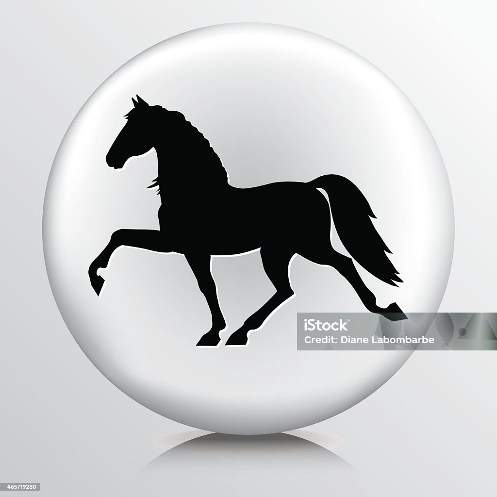 Round Icon with Black Trotting Horse Silhouette Round Graphic Icon Circular Button with Black Trotting Horse Silhouette on White Background. Flat Black Equine Illustration with Flowing Main and Tail in Motion from Extended Trot. Flashy Horse at a Full Trot. High Stepping Powerful Trotter Quarter Horse stock vector