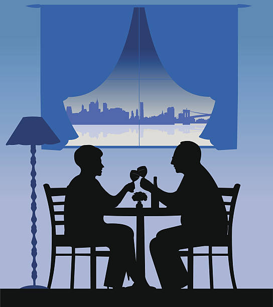 Elderly couple drinking wine silhouette Lovely retired elderly couple drinking wine, one in the series of similar images silhouette. Layered vector illustration anniversary silhouettes stock illustrations