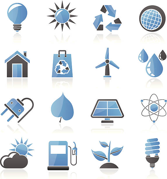 생태학, 자연 및 환경 아이콘 - diesel factory water sun stock illustrations