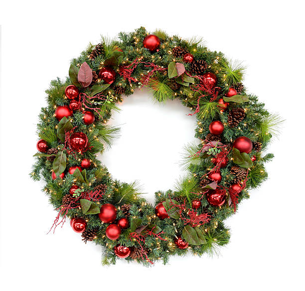 istock Christmas wreath with leaves, pine cones and red ornaments 465735731