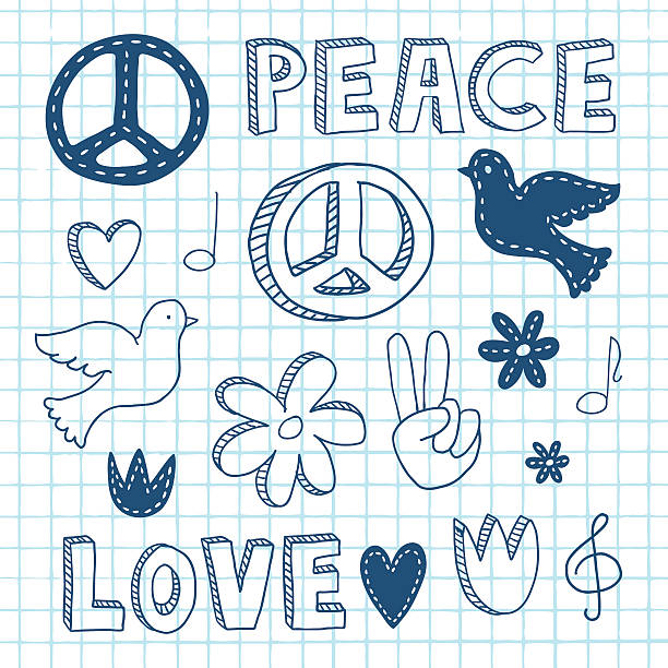 peace doodle set - bird love decoration flower stock-grafiken, -clipart, -cartoons und -symbole