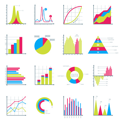 Infographics Elements in Modern Flat Business Style. Graphics for Data Visualization. Bar Diagrams, Pie Charts Diagrams, Graphs showing growth. Icons Set Isolated on White. Vector illustration.