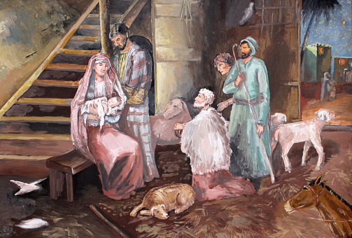 illustration gouache on paper Christmas. The shepherds came to the barn.