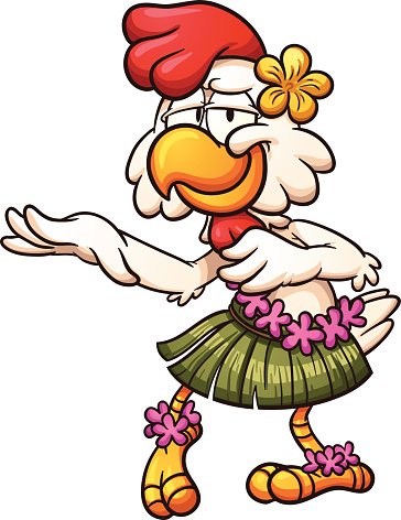 Hawaiian chicken dancing. Vector clip art illustration with simple gradients. All in a single layer. 