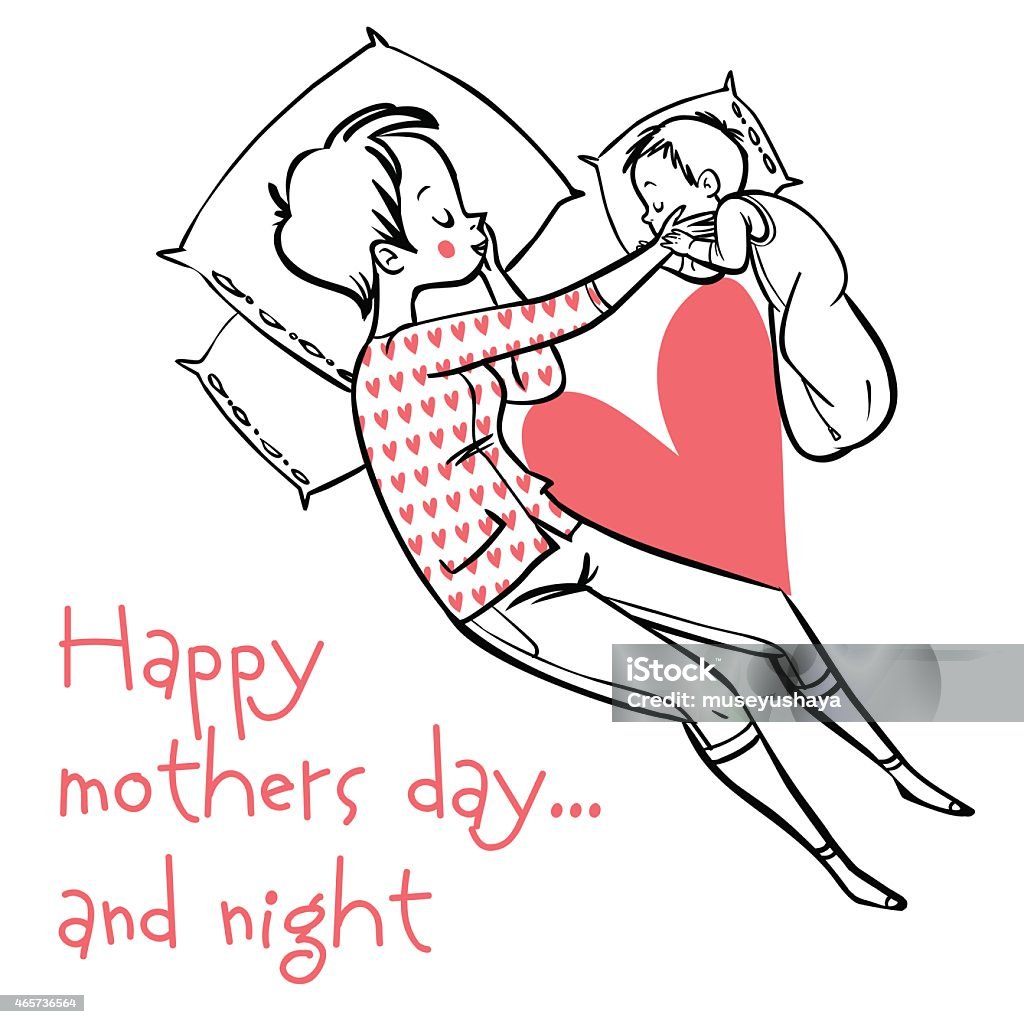 Funny cartoon mothers day card. vector illustration funny cartoon mom and her baby sleeps in the bed 2015 stock vector