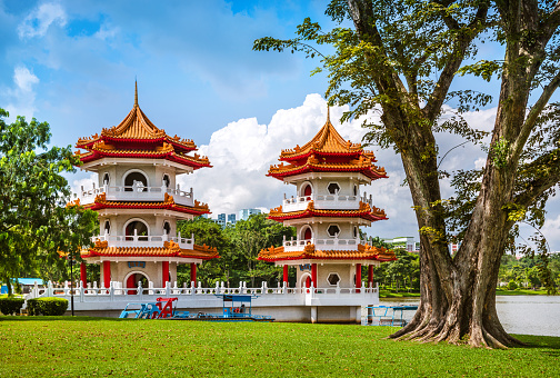 twin pagodas at the Chinese Garden in Singapore.  The pagodas were built at the banks of the Jurong Lake