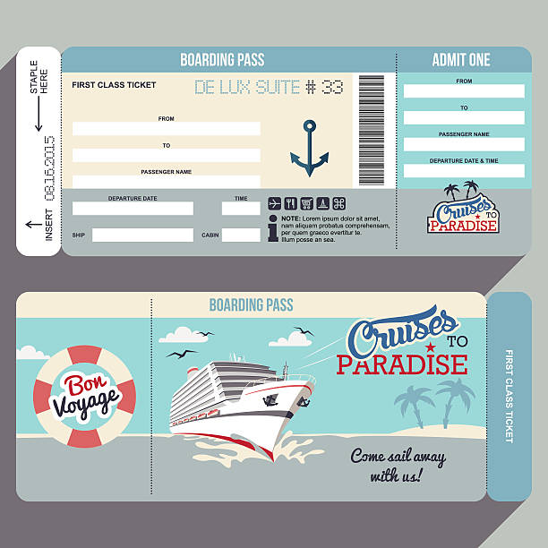 Cruises to Paradise boarding pass design Cruises to Paradise. Cruise ship boarding pass flat graphic design template. Face and back side cruise ship stock illustrations