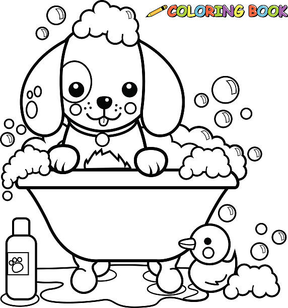 ilustrações de stock, clip art, desenhos animados e ícones de cachorro tomando um banho livro de colorir página - dog bathtub washing puppy