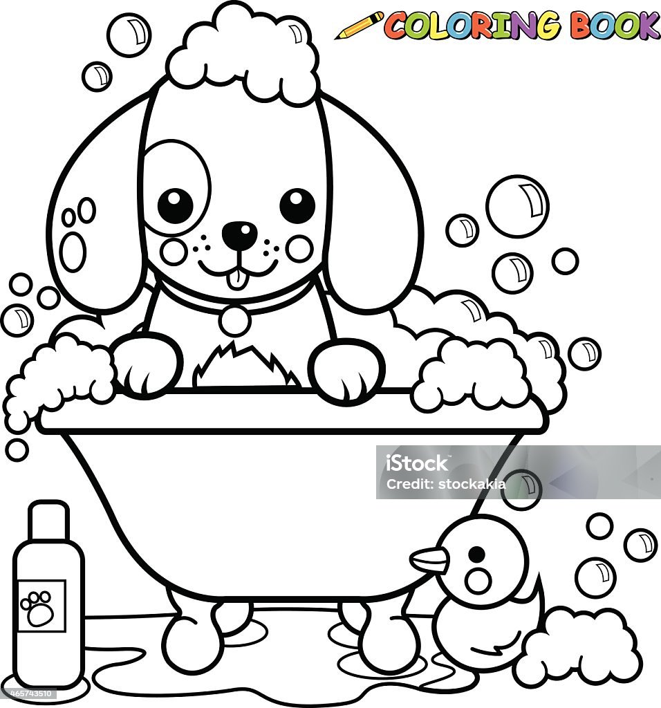 Dog taking a bath coloring book page Vector illustration of a black and white outline image of a dog in a tub taking a bubble bath. Dog stock vector