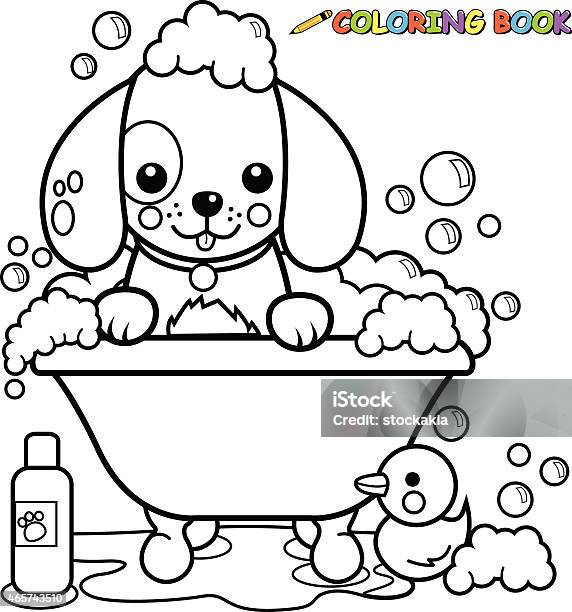 Dog Taking A Bath Coloring Book Page Stock Illustration - Download Image Now - Dog, Black And White, Coloring