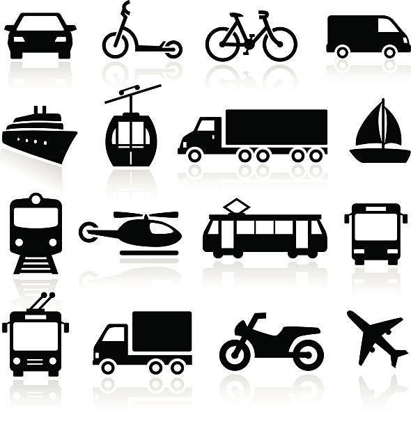 Montage of transport icons including planes cars and boats vector art illustration