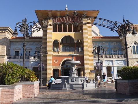 Dubai, UAE - February 14, 2014: Mercato Mall in Dubai, UAE. The mall is designed to look like a Mediterranean town during the European Renaissance in either Italy, France, or Spain.