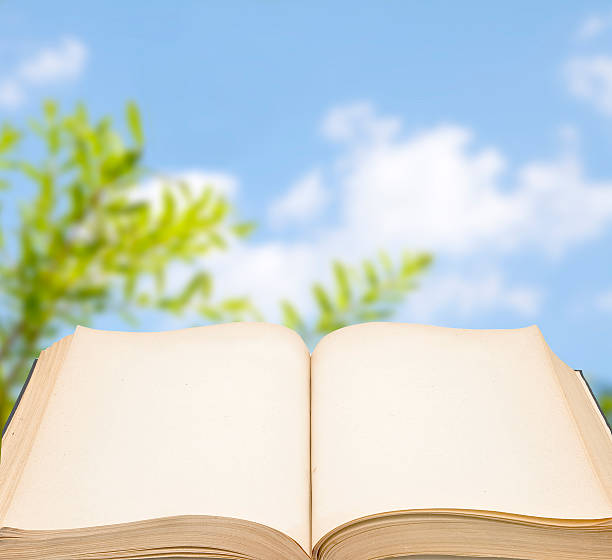 istock Old open book with blank pages against the sky 465747264