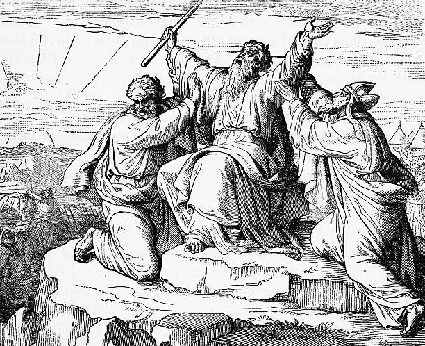 Engraving of "Aaron and Hur Holding Up Moses' Hands" published in "The Story of the Bible from Genesis to Revelation" Published by Charles Foster in 1883. The engraving is now in the public domain.