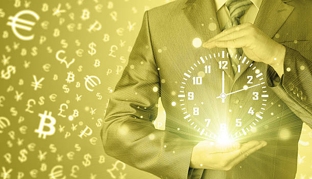 istock Image of businessman holding clock against illustration background 465749568