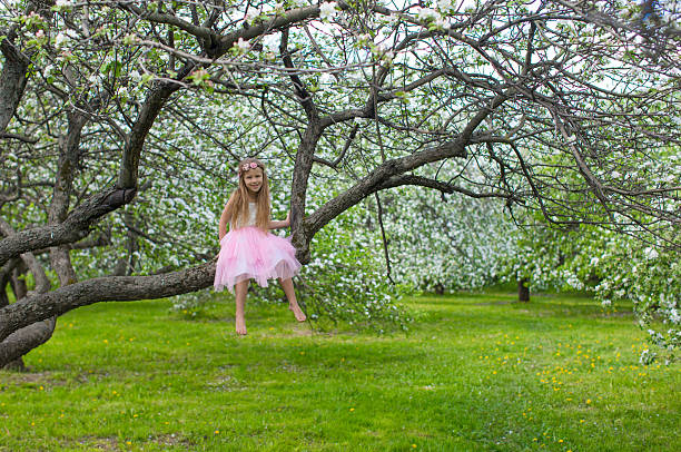 istock Little adorable girl sitting on blossoming apple tree 465756630