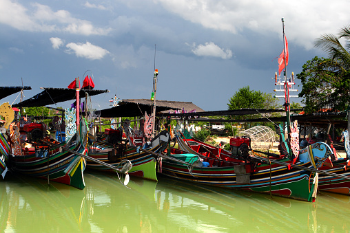 The Bangau Maritime Figureheads. Colorful pattern of traditional fisherman boats in Kelantan, Malaysia.