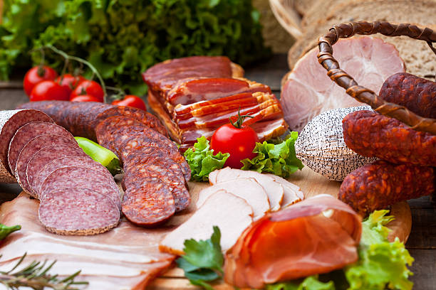 Smoked meat products stock photo