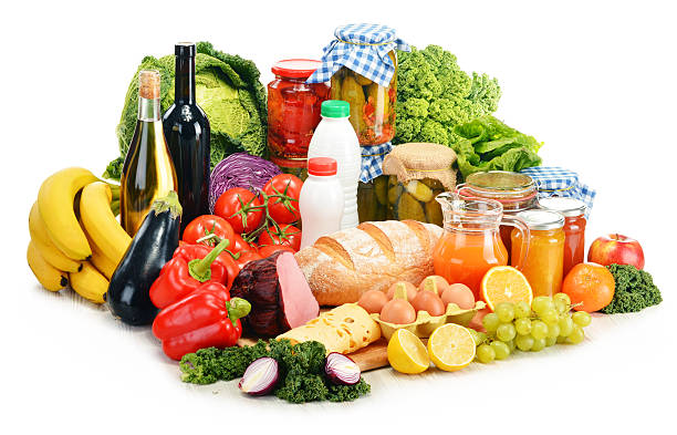 istock Composition with variety of grocery products isolated on white 465763723