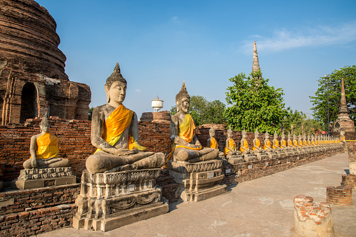 line of buddha statue in wat yai chaimongkol , ayutthaya , Thailand