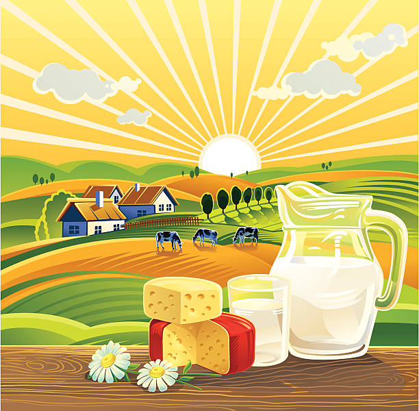 Drawing of dairy products against farm background Sunny summer landscape with a still life of dairy products. No gradient mesh and other effects. dairy herd stock illustrations