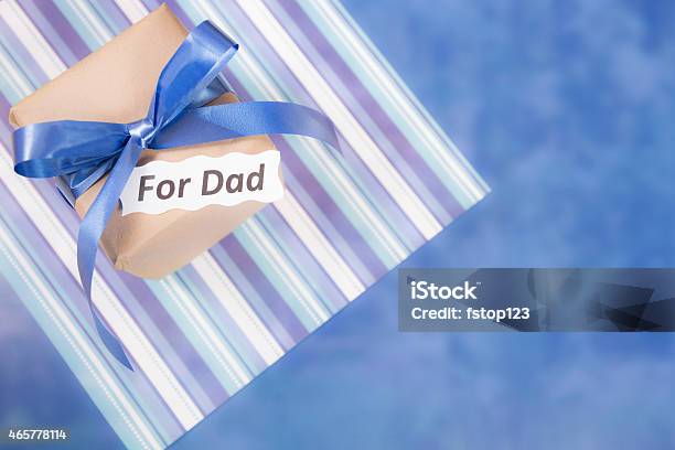 Happy Fathers Day Gift For Dad On Blue Striped Background Stock Photo - Download Image Now