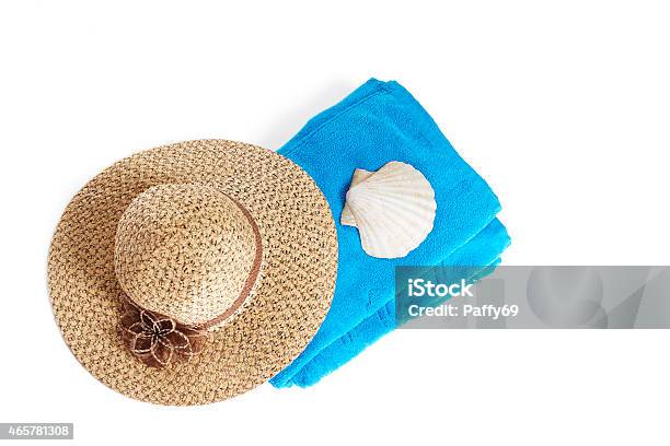 Beach Items Isolated On White Stock Photo - Download Image Now - Beach Towel, 2015, Animal Shell