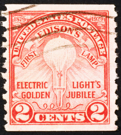 Vintage US stamp celebrating first Edison's lamp