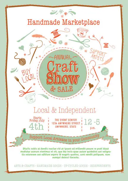 Vector illustration of Annual Craft Show  Sale Poster Invitation orange and greens