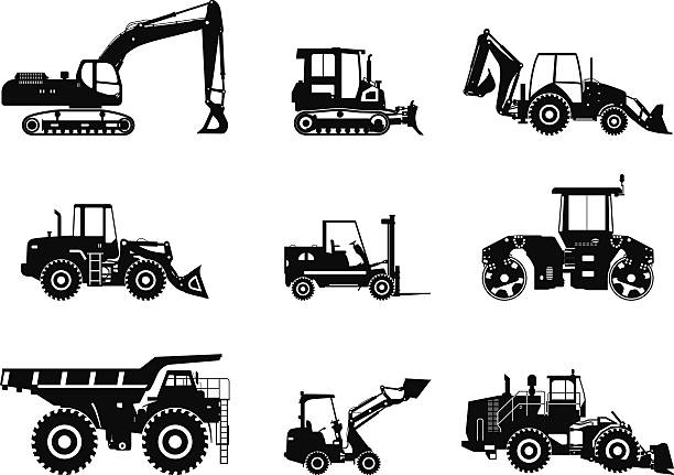 ilustrações de stock, clip art, desenhos animados e ícones de conjunto de máquinas de construção pesada. ilustração vetorial - wheel tractor scraper