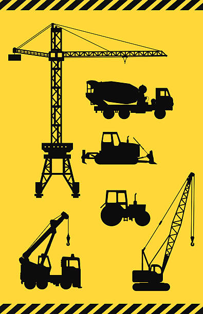 ilustrações de stock, clip art, desenhos animados e ícones de conjunto de ícones de máquinas de construção pesada. ilustração vetorial - wheel tractor scraper