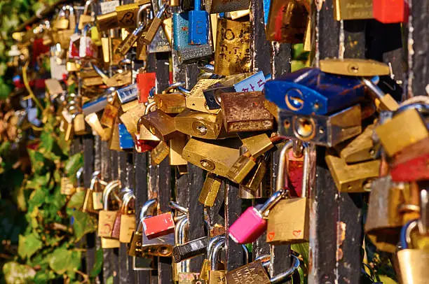 Fence with plenty love locks in Zagreb, Croatia