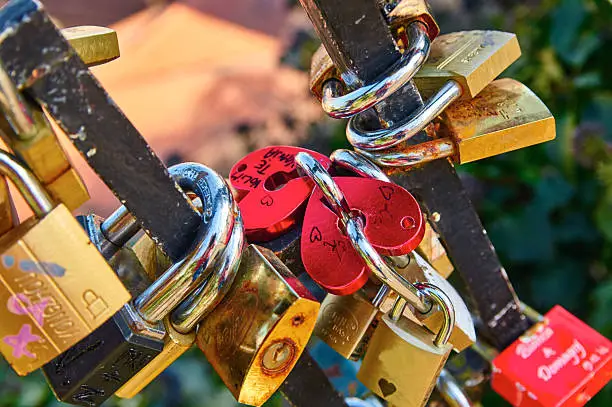 Fence with plenty love locks in Zagreb, Croatia