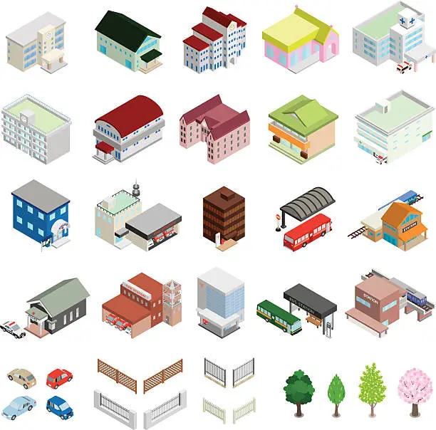 Vector illustration of Various building / Solid figure