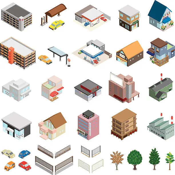 Vector illustration of Various building / Solid figure