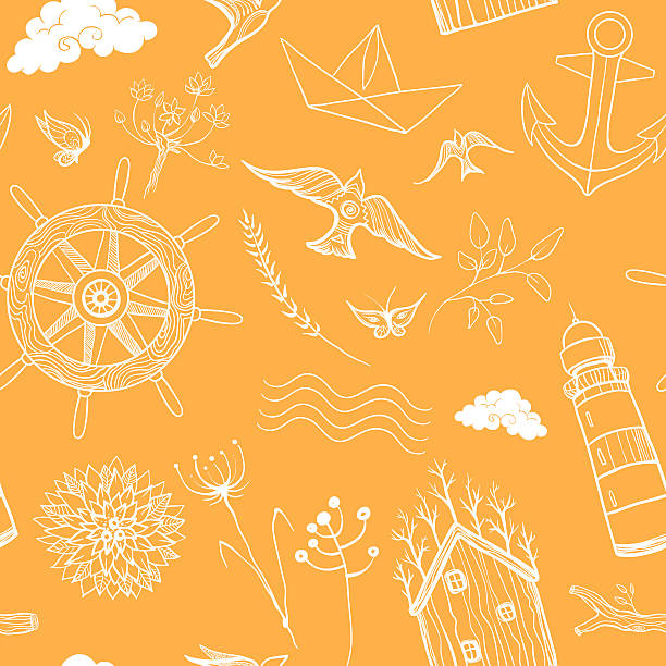 wiosna, lato bez szwu wzór podróży. morze i las wakacje. - grass family backgrounds sea wind stock illustrations