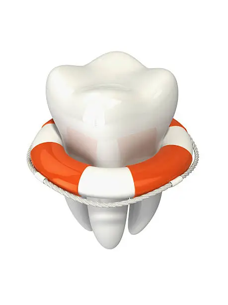 A human tooth with a life belt. Isolated on a white background.